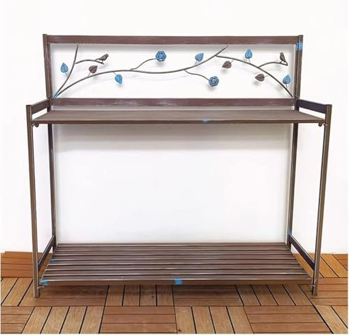 GYDUHYE Metall-Blumenbank, Terrassentisch mit 2-stöckigem Regal, Gartenarbeitsplatz zum Bepflanzen, langlebige und funktionale Werkbank für Gärtner (Größe: 126,5 x 45 x 115,5 cm, Farbe: Braun)