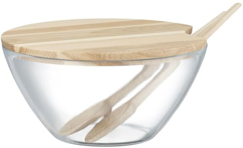 AMBITION Salatschüssel mit Deckel und Besteck 23 cm Natural Hartglas Schale Holzdeckel auch zum Schneiden Servieren