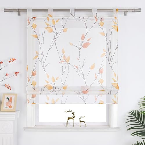 Joyswahl Raffrollo mit Schlaufen Landhausstil Raffgardinen Wohnzimmer Schlaufenrollo Fenster Vorhänge Transparent mit Blatt- und Blumenmuster BxH 140x140 cm Orange 1er Pack