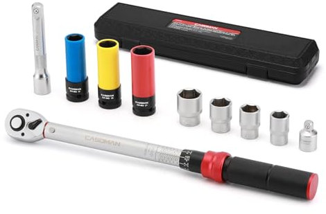 CASOMAN Lot de 10 clés dynamométriques 1/2, 20-230 Nm, double direction réglable, avec barre d'extension, adaptateur et douilles à chocs