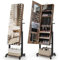 GOPLUS Armoire à Bijoux à Roulettes avec LED 3 Couleur, 2 Hauteur et 3 Angle Réglable, Intelligent Tactile, Armoire a Bijoux avec Miroir sur Pied avec Porte-manteau, Rangement, Miroir Intégré (Marron)