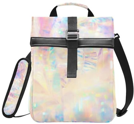 Lonchera aislada con parte superior enrollable para mujeres y hombres, holográfico remolino arco iris, moderna, plegable, lonchera enrollable reutilizable con correa para el hombro