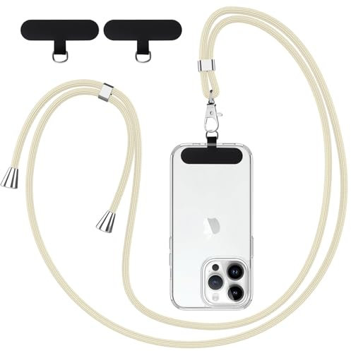 Knrlqim Cordon Telephone Portable Universelle avec 2 Patchs, Réglable Collier Lanière de Téléphone Portable 1,6m Adjustable, Compatibles avec Plupart des Smartphones, Beige