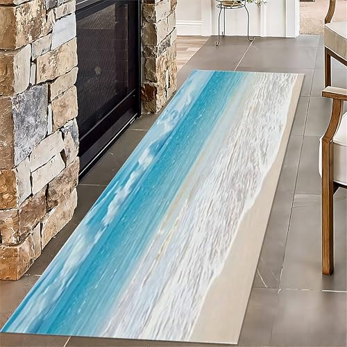 SMXVRC Strand Wohnzimmer Teppich, 60x180cm, Blauer Himmel Weiße Wolken Ozean Bodenteppich, Komfortabel Langlebig Fusselfrei Farbbeständig Waschbar Teppich für Innenbereich Bettbereich