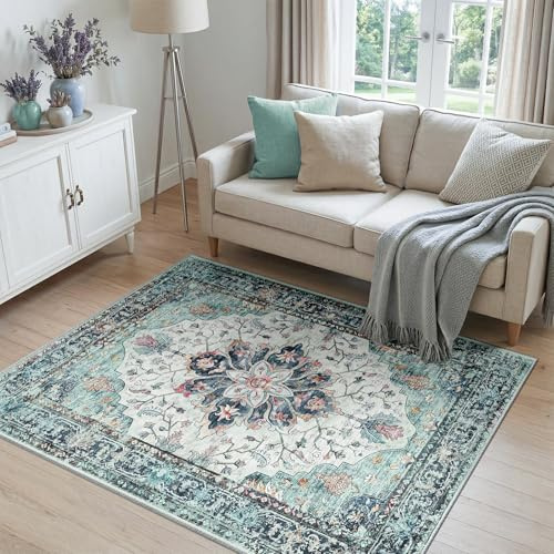 INOVADAY Teppich Wohnzimmer Waschbar 120x180 cm Retro Blau/Grün/Marine/Rot | Teppich Schlafzimmer, Vintage Teppich Waschbar, Esszimmer, Büro, Kurzflor Rutschfest, Boho, Retro, Weich, OEKO, Gedruckte