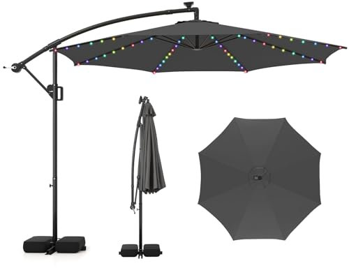 COSTWAY Parasol Déporté Professionnel 3x3 m, Grand Parasol de Jardin Extérieur 96 LED Solaire 9 Modes, avec Manivelle, 2 Sacs de Sable, Inclinable, pour Balcon, Terrasse, Piscine (Gris)