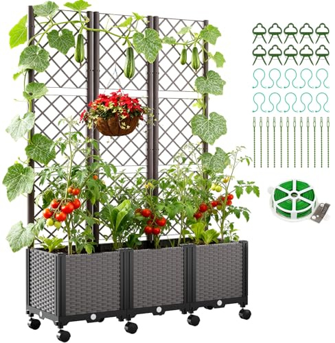 SUNYRISY Hochbeet mit Rankgitter, Blumenkasten mit Rankhilfe | 3 Stück Garten Planter Box mit Rädern und Sichtschutz, Selbstbewässerung Pflanzkasten Pflanzkübel für Kletterpflanzen