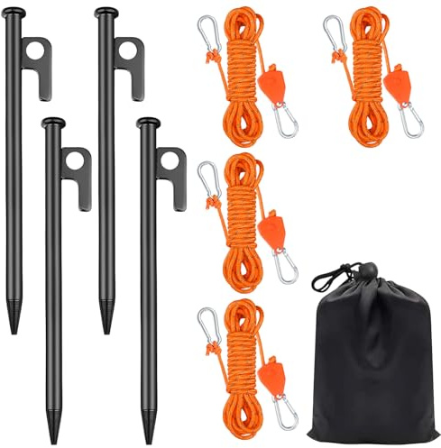 4 PCS Reflective Tent Guy Ropes, 4 mm TentCamping Cord with Pulley, 4M Heavy Duty Guide Buckle Rope with Aluminum Adjuster TentPeg & Storage Bag for Awning Outdoor TentTarp Gazebo Hiking Awning-O
