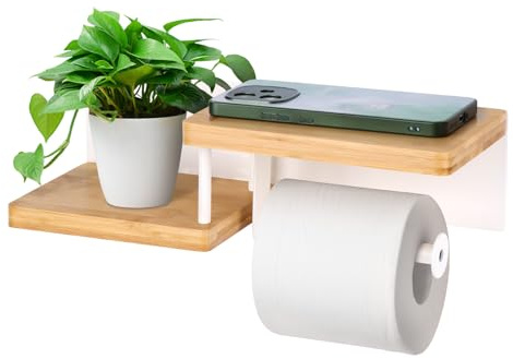 Gelewuld® Bambus Toilettenpapierhalter Mit Ablage, Klopapierhalter ohne Bohren aus Stahl&Bambus, Klorollenhalter Holz Weiß für Küche und Badzimmer, Toilettenpapierhalter Montage durch Bohren