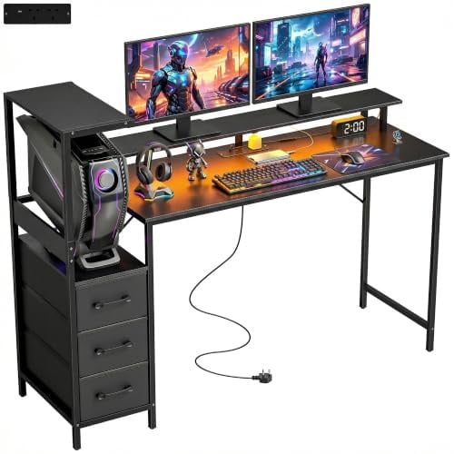 HOMCOM 147 cm Gaming Desk with Adjustable Reversible CPU Stand RGB Black | Computer Table, Computer Desk, RGB Lights, Power Outlets, USB & USB-C Ports, Monitor Stand, 3 Fabric Drawers