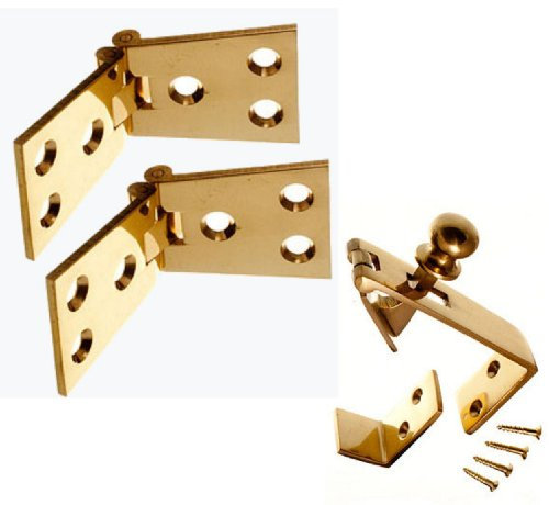 PAIR OF BRASS COUNTER FLAP HINGES 1 1/4 INCH X 4 INCH & COUNTER CATCH + SCREWS