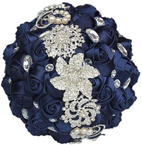 Fouriding Handgemachte Brosche Brautstrauß Braut Satin Rosen Blumen Strass Perlen Blumensträusse Hochzeit Strauß Künstliche Blumen Blumenstrauß künstlicher Rosenstrauß Deko (Marine Blau)