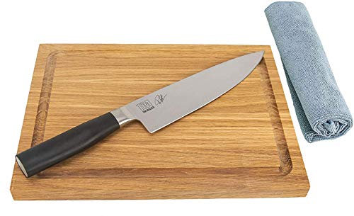 Kai Shun Tim Mälzer Kamagata TMK-0706 Kochmesser 20 cm, ultrascharfes Japan Messer+ massives Schneidebrett 30x22 cm, (Eiche)+ Poliertuch