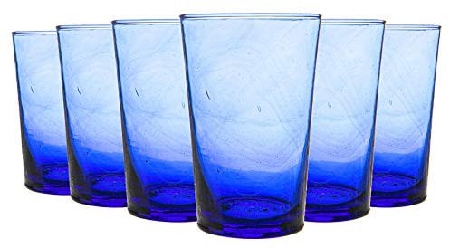 Nicola Spring 6pc Meknes Recycled Highball Glasses - 325ml - Blue Glass - Sustainable Hand-Blown Moroccan Water Cups Dishwasher Safe Drinkware for Juices, Water