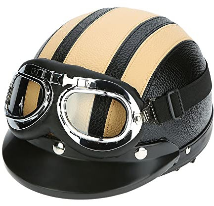 Shkalacar Motorrad Leder Jethelm, 54-60cm Roller Helm Mopedhelm mit Visier, UV-Schutzbrillen, Vintage Motorradkreuzer Rollerhelm für Motorrad Cruiser Touren