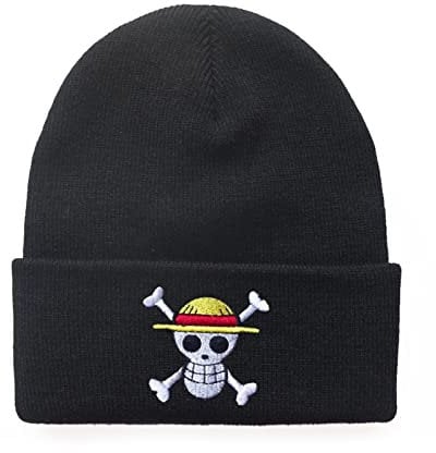 Bonamana ONE Piece Anime Straw Hat Knitted Winter Beanie - Slouch Ski Wool Hat for Kids, Boys, Girls, Teenagers - Fan Gifts Black, L