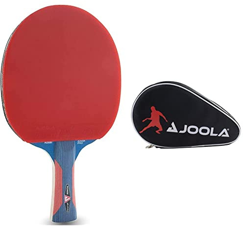 JOOLA Tischtennisschläger Rosskopf Junior Pro ITTF genehmigter Kinder Wettkampf Tischtennis-Schläger 5 Sterne, Griff Blau/Rot & 80505 Tischtennisschläger Hülle Pocket Double Schwarz/Rot, 28 x 17 x 4cm
