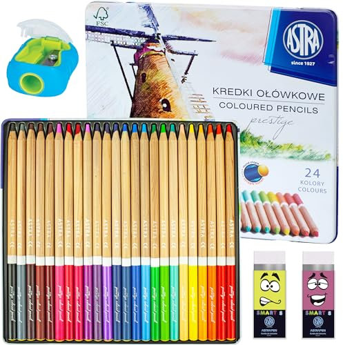ASTRA Prestige 24 Colouring Pencils in Metal Tin Box Bundle with Smart Eraser and Pencil Sharpener for Children and Adult Artists (3 Items), Multicolor