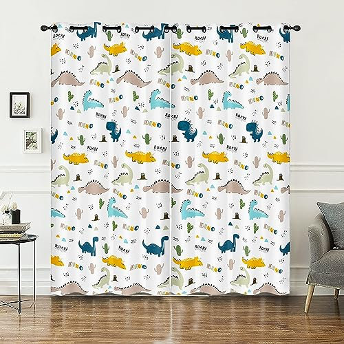 HOSIMA Cartoon-Aquarell-Dinosaurier-Ösenvorhänge,Set mit 2 Vorhängen,Niedlicher Bunter Dinosaurier-Druck,Vorhänge für Kinder-und Jugendzimmer(Aquarell-Dinosaurier L)