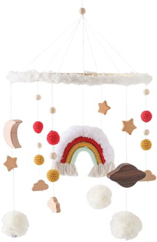 WOODEN TEETHER Mobile Baby Windspiele, Holz Mobile Babybett Wickeltisch mit Filzbällen, Babyzimmer Deko Hängende Bettglocke für Mädchen & Jungen (Orange Mobile)