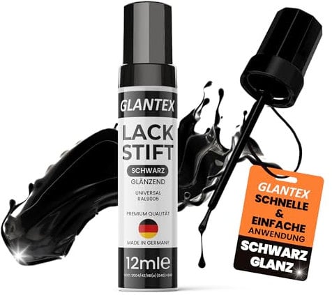 GLANTEX Lackstift Schwarz glänzend [12ml] – Hochdeckender Autolack für Kratzer und Steinschläge, ideal für Auto und Felgen Reparaturset, auch für Felgenlack schwarz glänzend