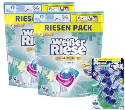 Weißer Riese Universal Trio-Caps A-Th. Lotus & Mandelöl (1x 120 WL), Vollwaschmittel mit intensivem Dufterlebnis & WC FRISCH Kraft Aktiv Blauspüler Mix Chlor + Ozeanfrische, 1x 200g