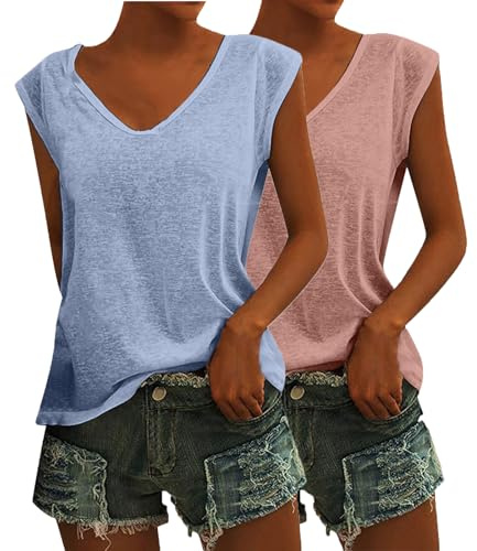 CSWH 2er Pack Damen Einfarbig Ärmellose T-Shirt Casual V Ausschnitt Bluse T Shirt Oberteile mit Flügelärmeln Frauen Sommer Elegant Kleidung Shirts Mädchen Tunika Tank Tops