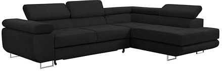 FORNIRO 24 Enzo Ecksofa mit Schlaffunktion und Bettkasten - Sofa mit 3 Sitzen - Schlafcouch L-Form mit bewegliche Kopfstützen - Modern Couch - 275x202x90 cm - Schwarz Rechte Seit