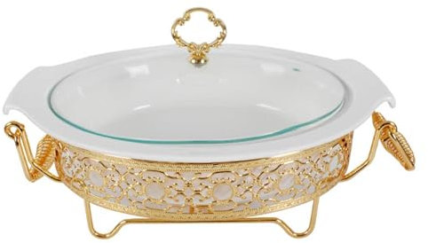 HSWOYEA Chafing Dish-Buffetset aus Edelstahl, weißer Chafing Dish aus Keramik mit Glasdeckel, Chafing Dish und Buffetwärmer-Set, Wärmetabletts für Buffets, Hochzeiten, Partys, Bankette, Gold-Small