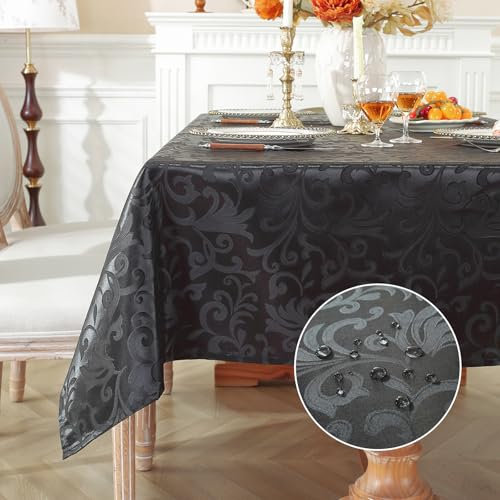 meioro Tischdecke Abwaschbar, Rechteckig Damast Tischdecken Wasserdicht Polyester Stoff Tischtuch, Große Küche abwischbar Tischwäsche mit Floral Mustern für Esszimmer Hochzeiten (Schwarz,120x160cm)
