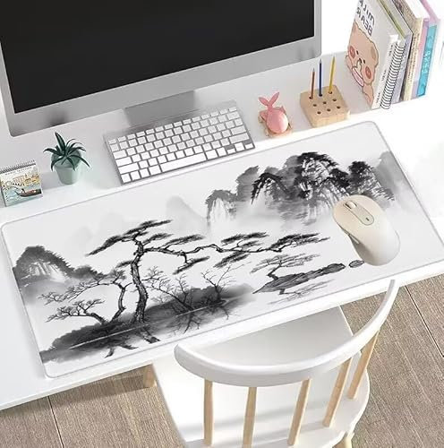 Tapis de Souris Style Chinois Tapis de Souris Gamer XXL 1600x800x3mm Gaming Accessoire, Tapis de Souris Peinture À L'Encre Tapis Souris Résistant à l'eau avec Base en Caoutchouc antidérapant W5-782
