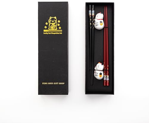 2 Pairs Reusable Cat Chopstick Set – Dishwasher Safe Fiberglass Chopsticks with Ceramic Cat Rest | Durable Chopsticks for Sushi, Noodles & Rice | Elegant for Food Lovers (Cat Design 1 (Black Box))