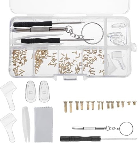 Nogeqi Lot de 150 vis de lunettes dorées - Kit de réparation de petites vis - Plaquettes nasales en silicone avec tournevis et chiffon de nettoyage - Pour lunettes de soleil Presbyope et bijoux