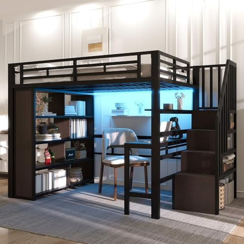 YCYDHDM Hochbett Metallbett 140x200 cm mit Schreibtisch und Stauraumtreppe, Etagenbett mit Ablagefach und Lichtleiste, Sicherheitszaun-Design, Bett für Kinder und Jugendliche, Schwarz