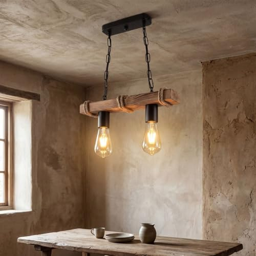 Licht-Erlebnisse Hängeleuchte Holzbalken geflammt B: 34,5 cm H: 85 cm Rustikal 2-flammig E27 Pendelleuchte Esstisch Hängelampe Tresen