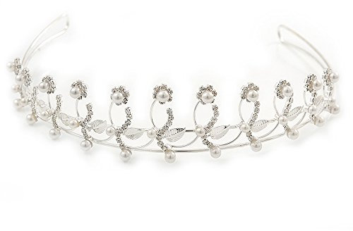 Avalaya Diadem für Hochzeiten, Abschlussbälle, rhodiniert, klare Kristalle, weiße Kunstperlen, florales Muster, Tiara
