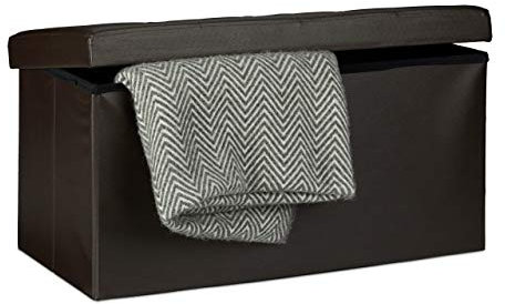 Relaxdays Folding Storage Bench Large Seat, Faux Leather, 38 x 78 x 38 cm, Foldable Footstool Ottoman with Removable Lid, Brown