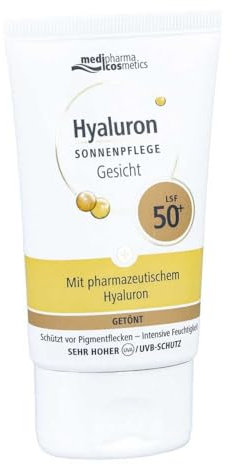 Hyaluron Sonnenpflege getönte Gesichtscreme | Mit LSF 50+ | Sehr hoher UV-Schutz | Schützt vor Pigmentflecken | Spendet intensive Feuchtigkeit | Getönte Formulierung | Von medipharma cosmetics | 50 ml