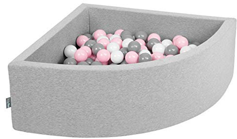KiddyMoon Viertel Eckig Bällebad Bällepool 90X30cm/200 Bälle ∅ 7Cm Ballgruben Für Babys Spielbad Kleinkinder, Hergestellt In Der EU, Hellgrau:Weiß/Grau/Puderrosa
