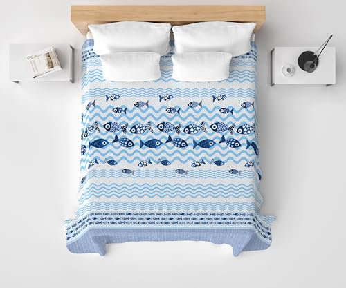 HomeLife Copriletto Singolo Estivo Cotone Piquet, 100% Made In Italy - Fresca Coperta Letto Singolo Estiva, Leggera e Traspirante per l'Estate con Fantasia Pesciolini, Blu - 170x280