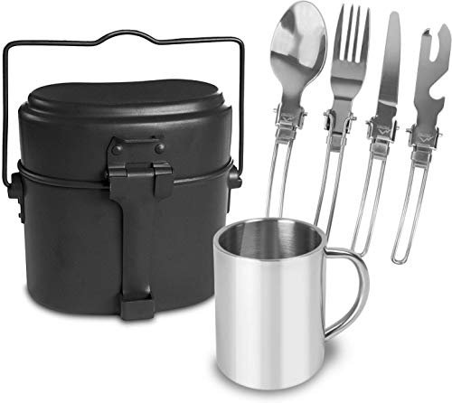 normani Outdoor Essgeschirr-Set bestehend aus Edelstahl Besteck, Tasse und BW Kochgeschirr Farbe Schwarz