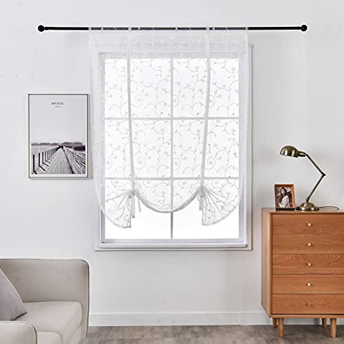 Lsimeru Voile Raffrollo Transparent Weiß Ranken Stickerei Modern mit Tunnelzug mit Tunnelzug Raffgardinen Bändchenrollo Gardinen Kurz Küche Wohnzimmer Schlafzimmer,60x140