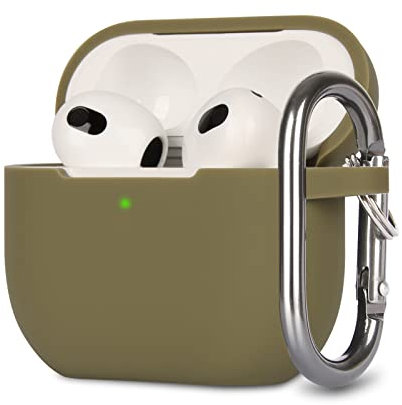 KOKOKA Silikon Hülle Kompatibel mit AirPods 3 Case und Schutzhülle für AirPods 3rd Generation 2021, Stoßfeste Weiche Dünne Case für Airpods 3 Mit Karabiner, Front-LED Sichtbar, Army Green
