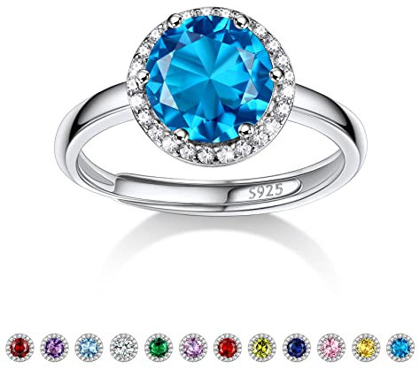 Bestyle Runder Zirkonia Ringe für Damen Geburtsstein Dezember Fingerring Verstellbarer Blauer Topas Verlobungsring Silber 925 Mädchen Bling Modeschmuck