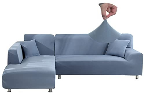 Jaotto Sofa Überwürfe Sofabezug Elastische Spandex Stretch Sofabezüge Couchbezug für L-Form Sofa Universal Waschbar Sofaüberwurf 2er Antirutsch(3 Sitzer+3 Sitzer,Grau Blau)