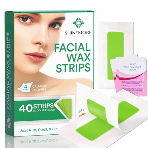 Facial Wax Strips – Gesichtshaarentfernung für Frauen, 40 Wachsstreifen + 4 Kalming Oil Wipes, für Menschen und schnelle Pflege für Gesicht, Eyebrow, Oberlippe, Chin, geeignet für alle Hauttypen