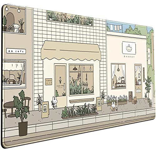 Niedliche Schreibtischunterlage, Kawaii-Mauspad, Hasen und Bär, niedliches Anime, japanische Straße, Pastellfarben, beige, braun und grün, Mauspad, Dekor mit genähten Ecken, rutschfeste Unterseite