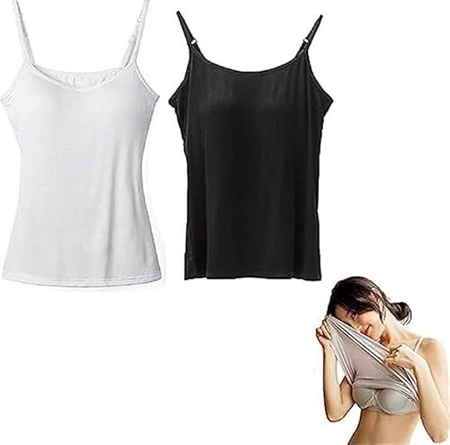 Women's Cotton Camisole Tank with Built-in Shelf Bra - 2 in 1 Camisoles - Adjustable Spaghetti Straps - Jersey Fabric - XL, 2pcs