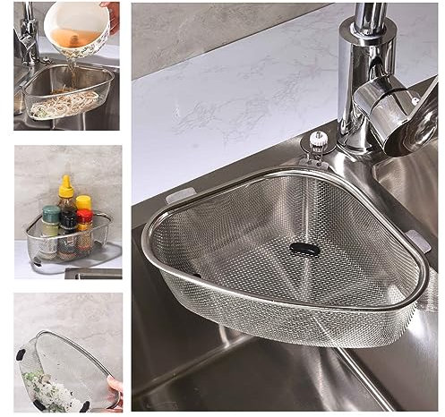 QIMMYGS Filtro triangolare per lavello da cucina, filtro per lavello angolare, cestello multifunzione per scarico del lavandino, in acciaio inox, per rifiuti di cucina, verdura, frutta (argento) (CF