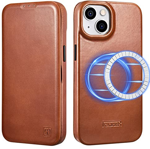 ICARER Leather Case for iPhone 14 Plus 2022, 100% Genuine Leather Flip Case with Card Slot, Magnetic Flip Wallet Cover Compatible with Mag-Safe and Wireless Charging for iPhone 14 Plus 6.7 inch-Brown